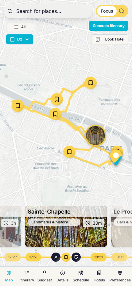 AI-Generated Optimized Itinerary - Timeline view showing optimized daily schedule with travel routes, timing estimates, and activity recommendations based on your preferences